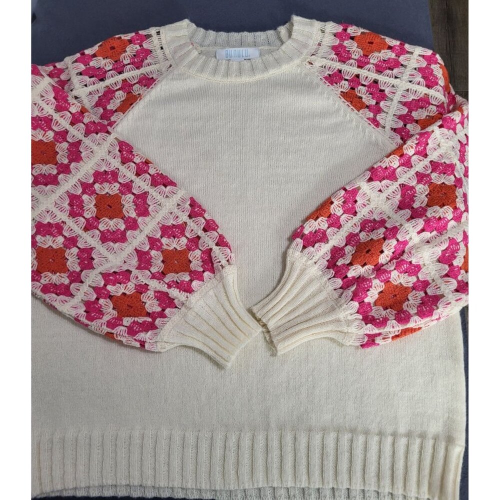 BUNULU Women's XL Rose Crochet Puff Sleeve Knit Sweater Boho Hippie Cottagecore - Picture 1 of 9